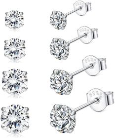 4Pairs Sterling Sliver Stud Earrings Set for Women Men Cubic Zirconia Earrings Sleeper Cartilage Studs Helix Ear Piercing Earrings Size:3,4,5,6MM
