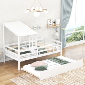 Twin Size Low Loft House Bed with Trundle; Roof and Window Design