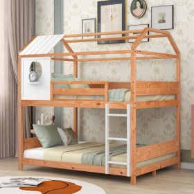 Full over Full Size House Bunk Bed with Window and Little Shelf,Full-Length Guardrail